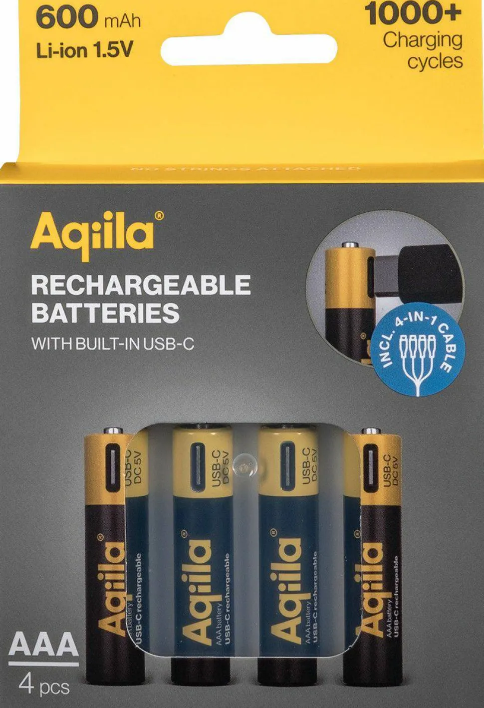 Aqiila USB-C Rechargeable AAA Battery (1,5 V / 600 mAh) 4-pack Black