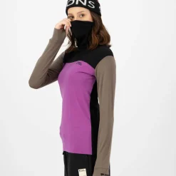 Mons Royale Women's Yotei Merino High Neck Long Sleeve Purple Bolt/Walnut/Black