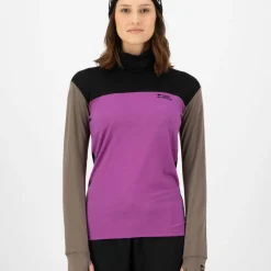Mons Royale Women's Yotei Merino High Neck Long Sleeve Purple Bolt/Walnut/Black